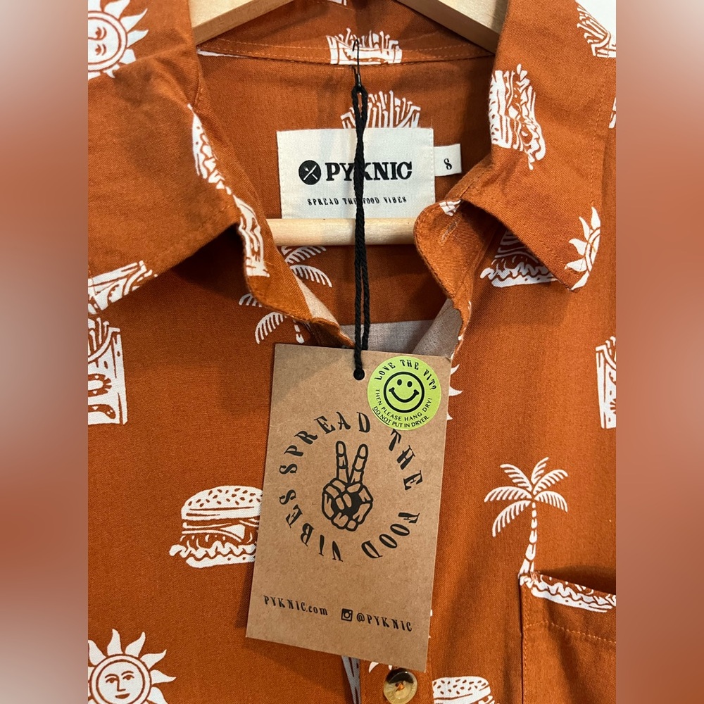 NWT Pyknic Take It Greasy Button-Up Shirt Novelty Camp Summer Brown White Unisex - Picture 5 of 10